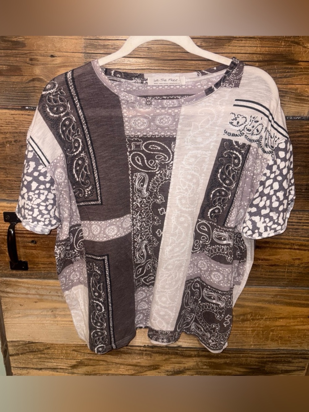 We The Free Short Sleeve Patchwork Paisley Tee in Gray and White